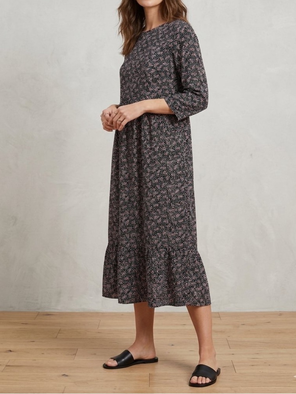 LOFT Black Floral Midi Dress with Pink Accents